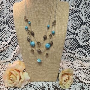 Turquoise, Brown, And Silver Tone Glass And Acrylic Bead Layered Necklace